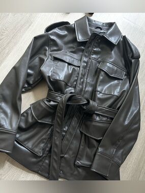 Olive Green Faux Leather belted jacket